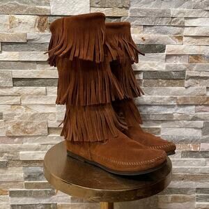 Minnetonka 3-Layer Fringe Boots Sz 7 | Suede Western Boho Moccasin EUC Rare